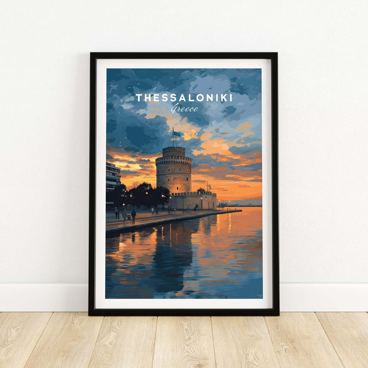 Thessaloniki Print | Greek City Wall Decor showcasing the White Tower at sunset with reflections on water.