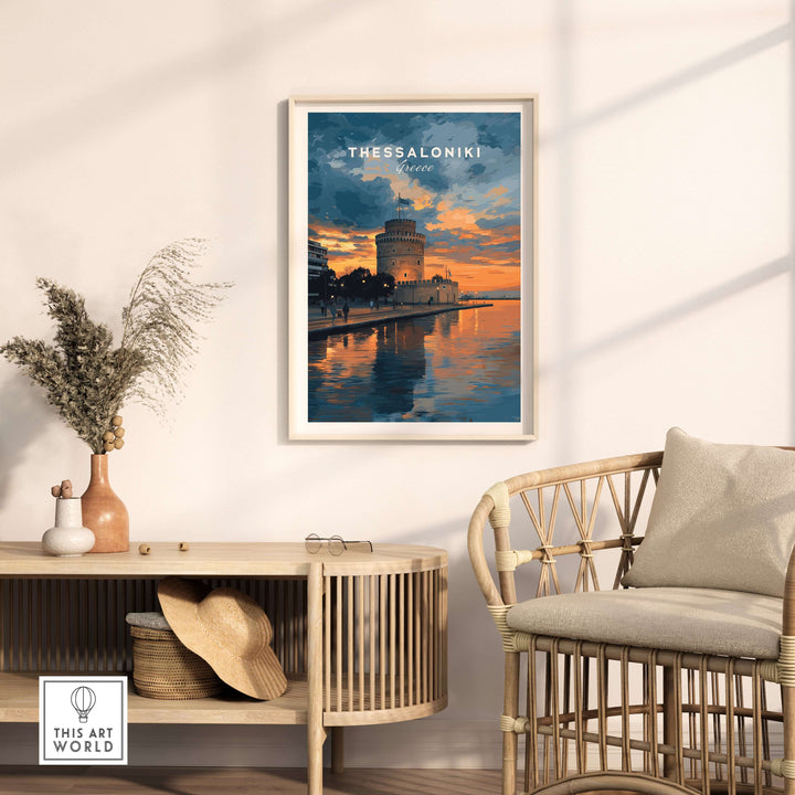 Thessaloniki Print | Greek City Wall Decor showcasing the iconic White Tower against a sunset backdrop.