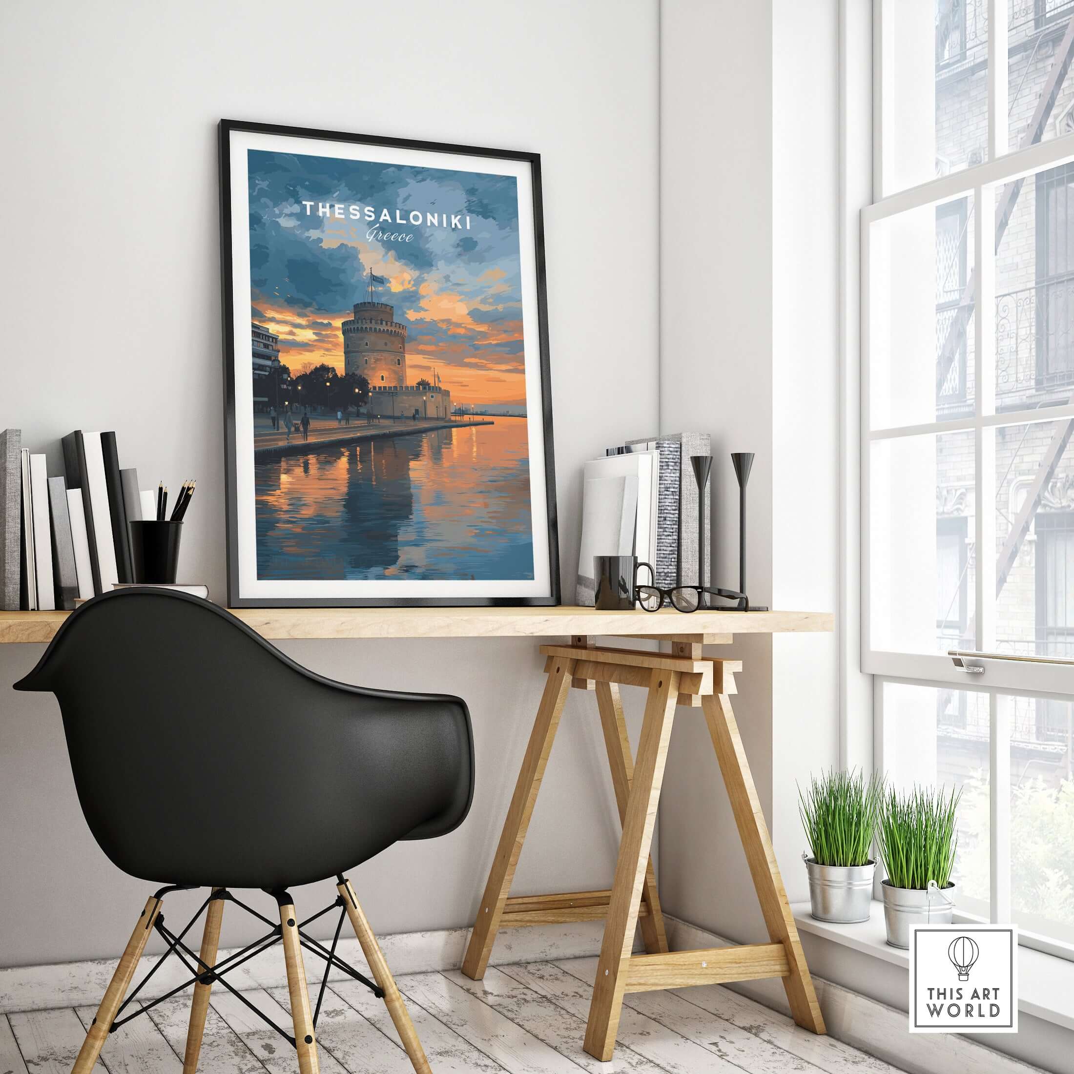 Thessaloniki Print | Greek City Wall Decor featuring the iconic White Tower in a stylish room setting.