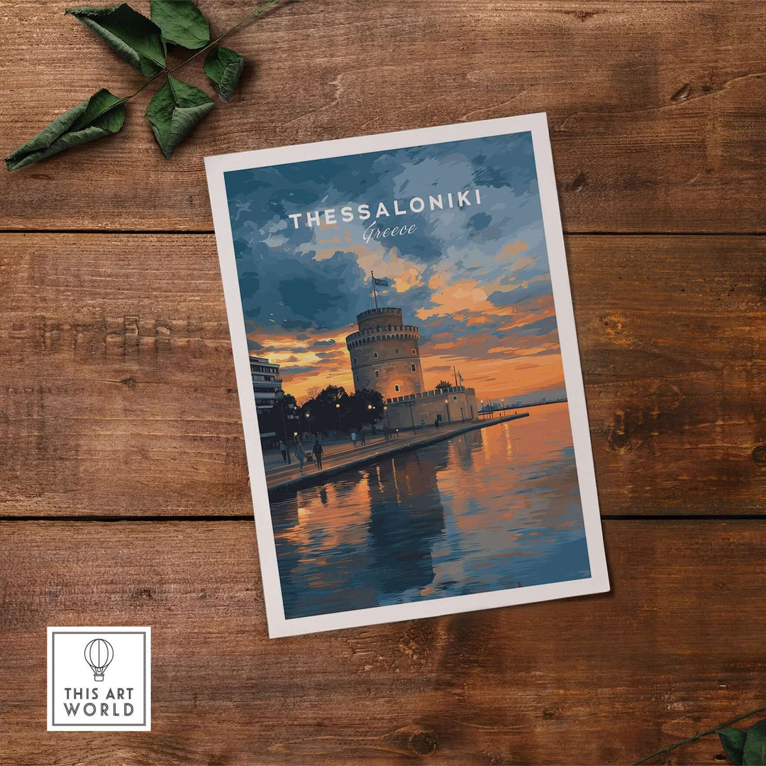 Thessaloniki Print | Greek City Wall Decor featuring the iconic White Tower and a vibrant sunset.