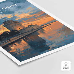 Thessaloniki Print | Greek City Wall Decor showcasing the iconic White Tower at sunset with reflections on water.