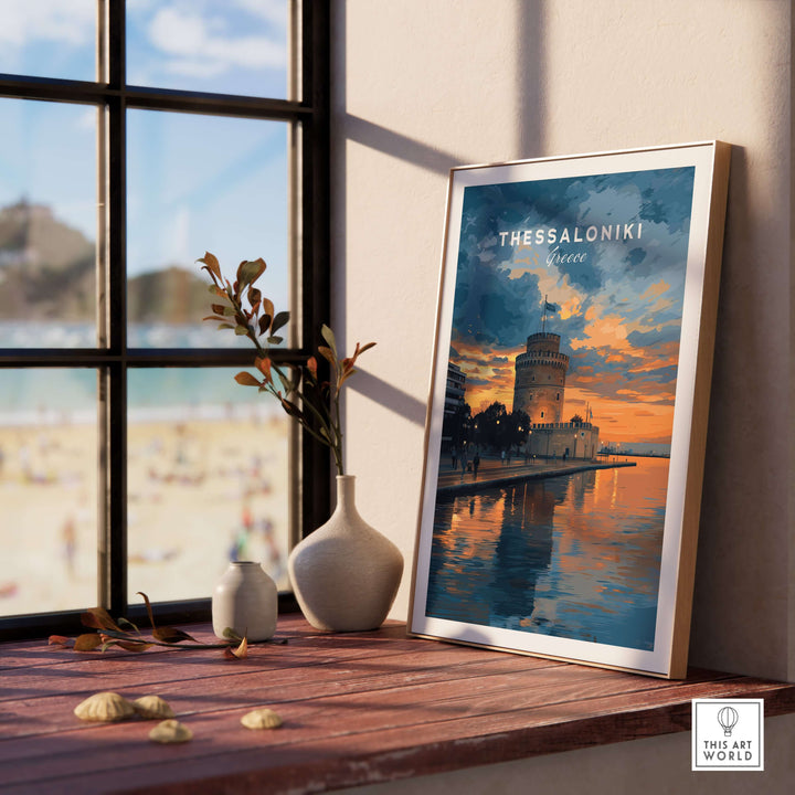 Thessaloniki Print | Greek City Wall Decor featuring the iconic White Tower by the beach.
