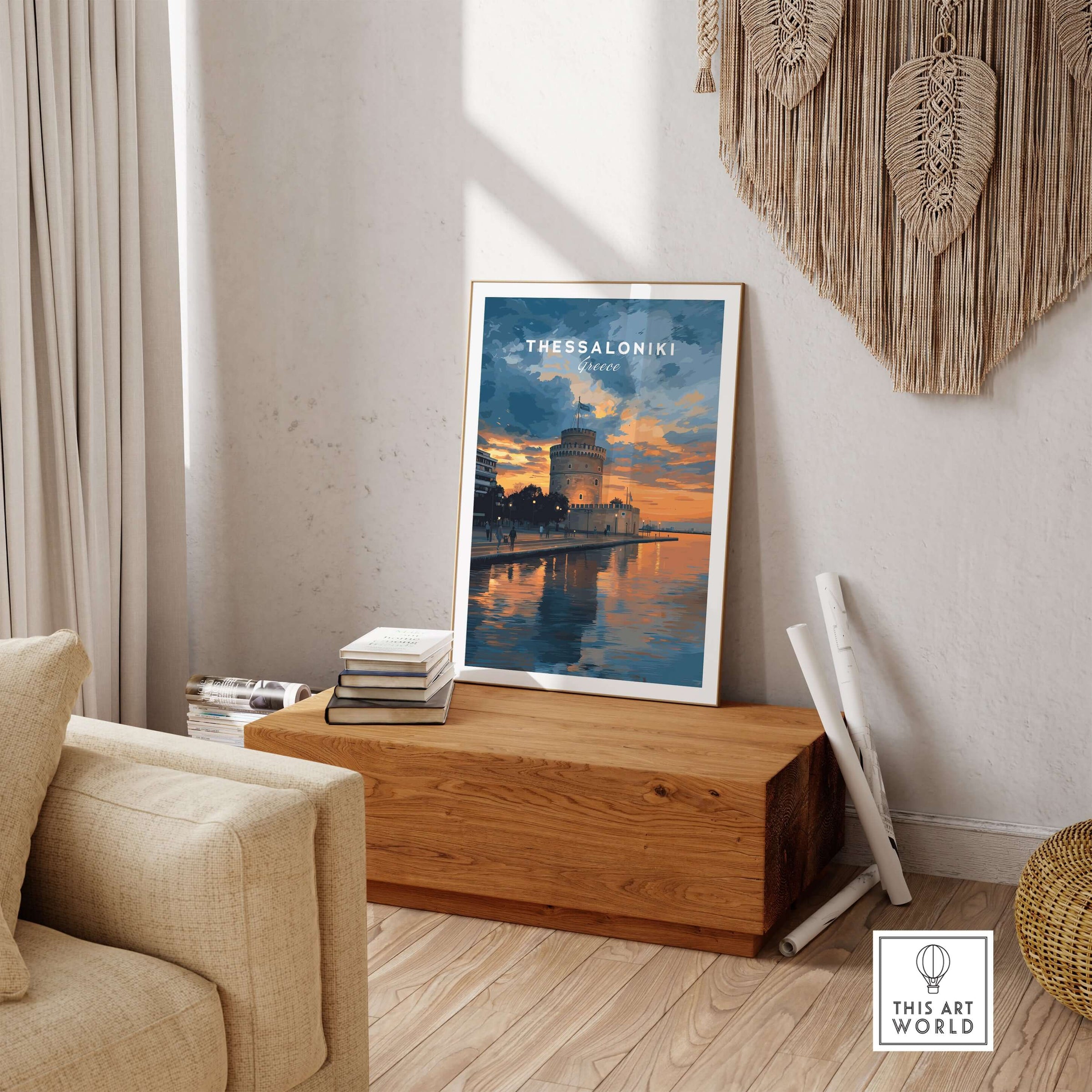 Thessaloniki Print | Greek City Wall Decor featuring the iconic White Tower and coastal sunset reflections.