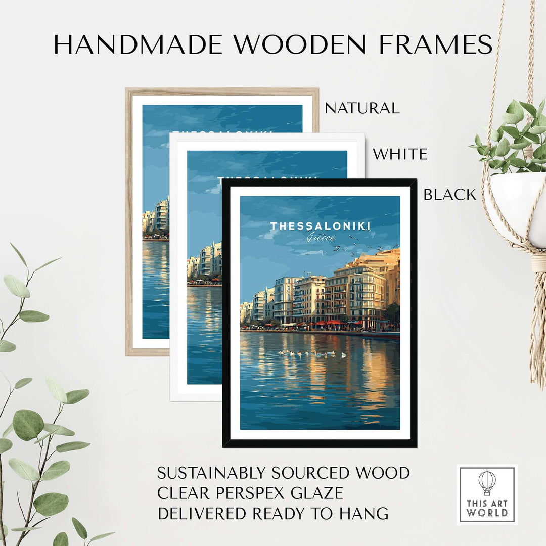 Thessaloniki Print | Greek City Wall Decor displayed in handmade wooden frames in natural, white, and black colors.