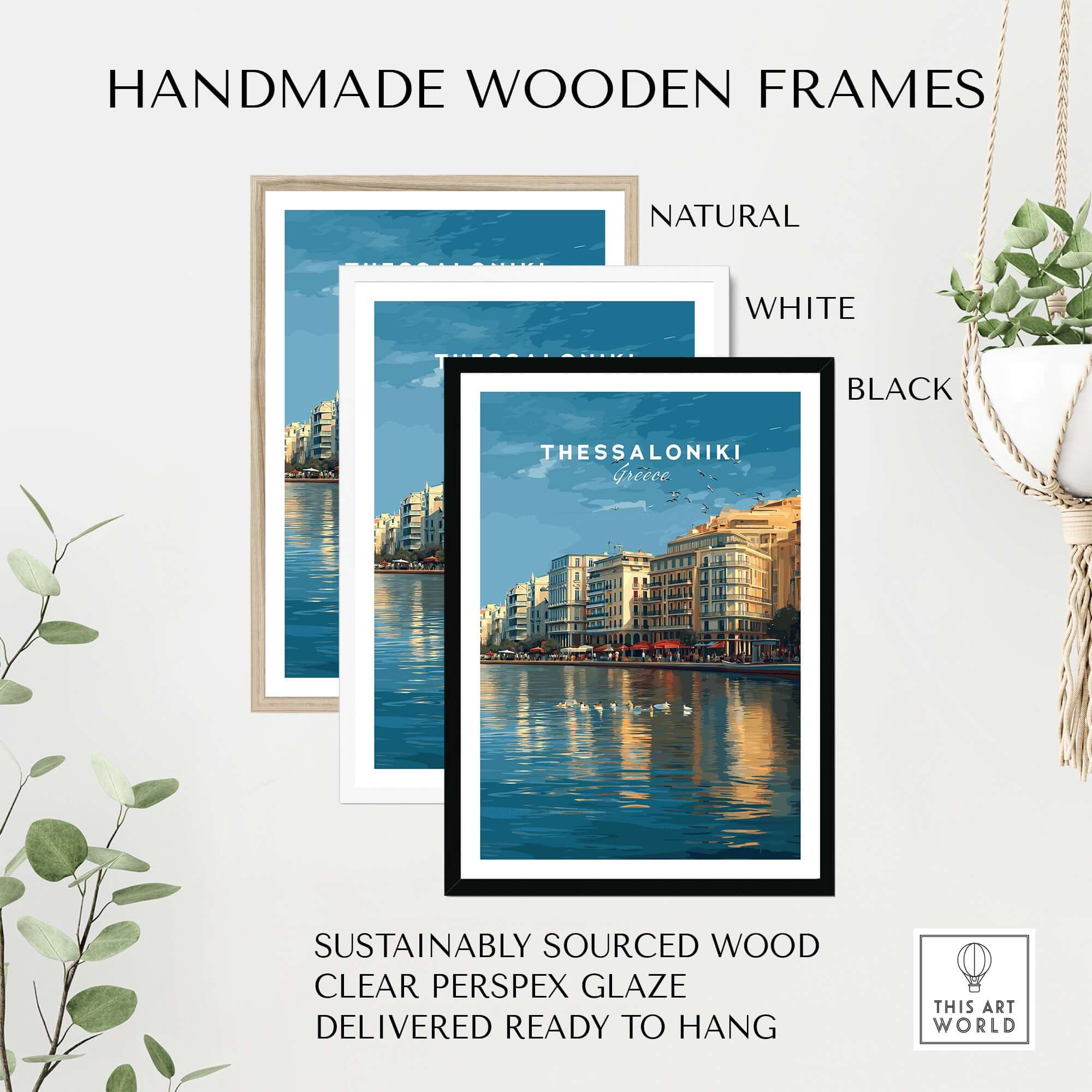Thessaloniki Print | Greek City Wall Decor displayed in handmade wooden frames in natural, white, and black colors.