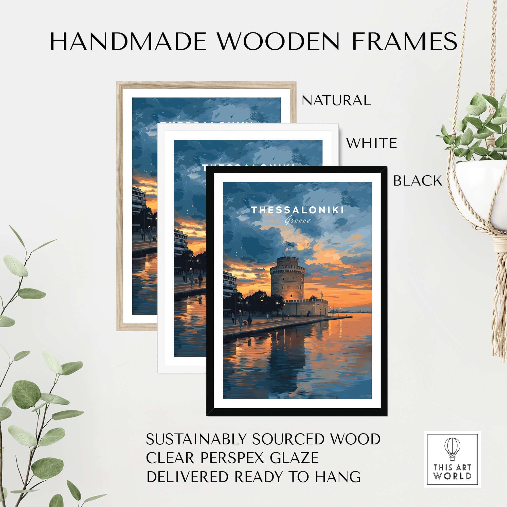 Thessaloniki Print | Greek City Wall Decor with handmade wooden frames in natural, white, and black.