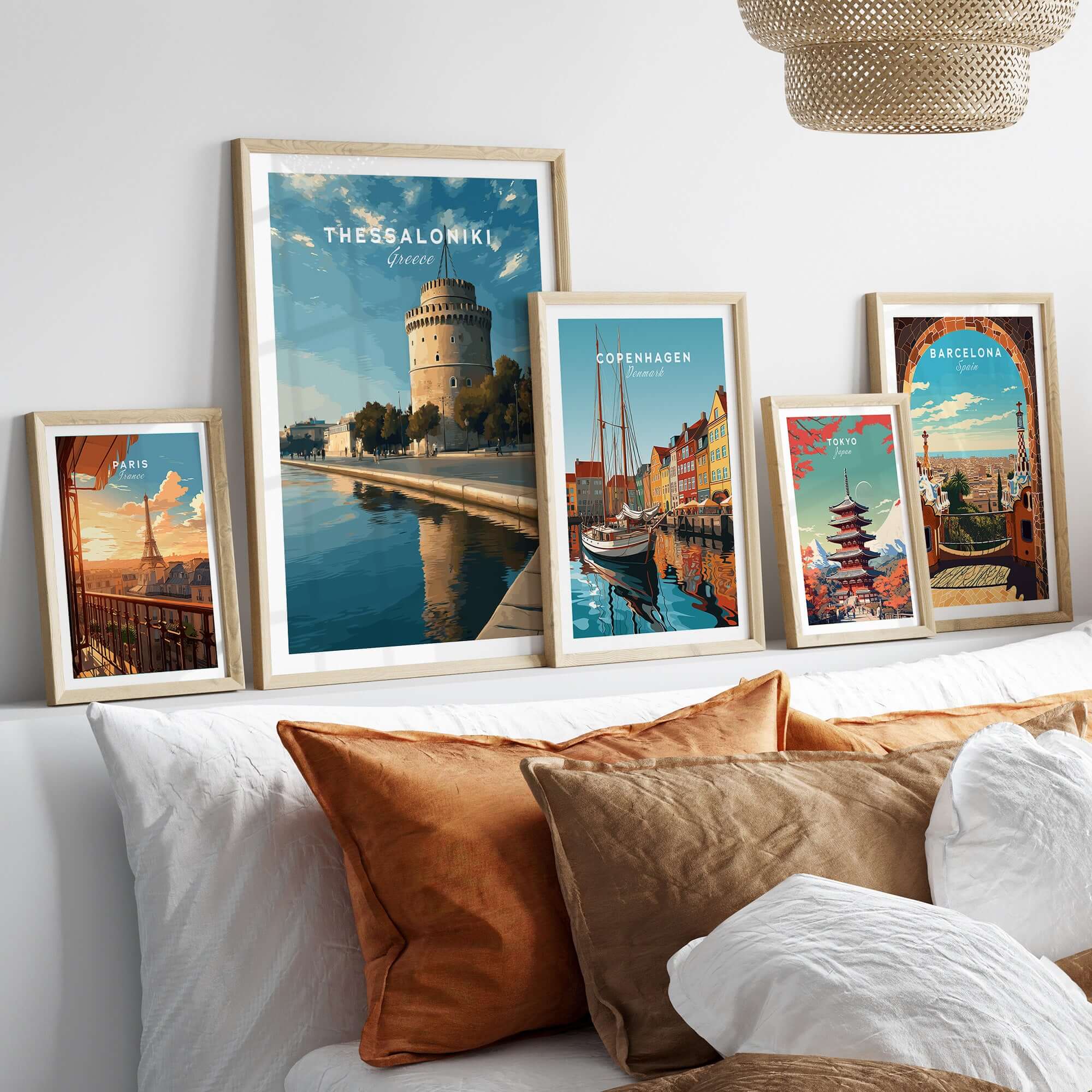 Thessaloniki Print | Greek City Home Decor - White Tower in a stylish living room adorned with various framed city prints.