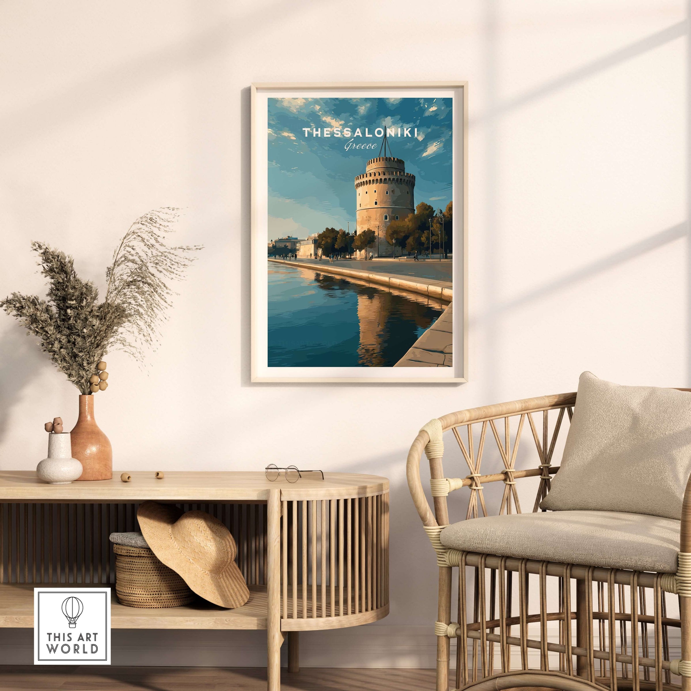 Thessaloniki Print | Greek City Home Decor - White Tower displayed in a modern living room setting.