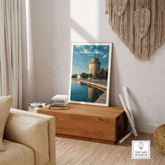 Thessaloniki Print | Greek City Home Decor - White Tower displayed in a modern living room setting.