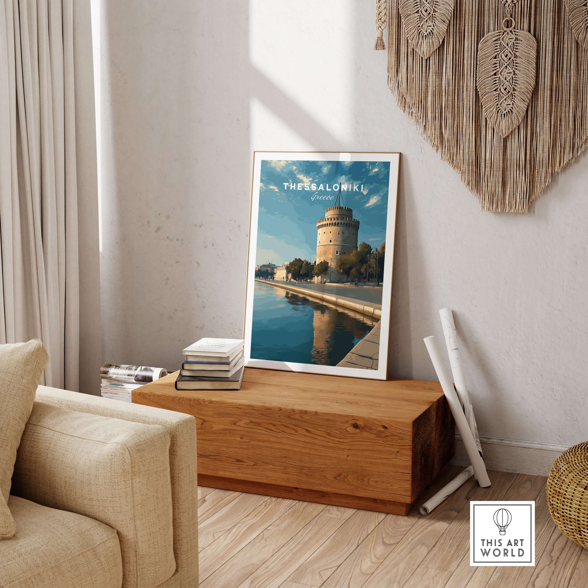 Thessaloniki Print | Greek City Home Decor - White Tower displayed in a modern living room setting.