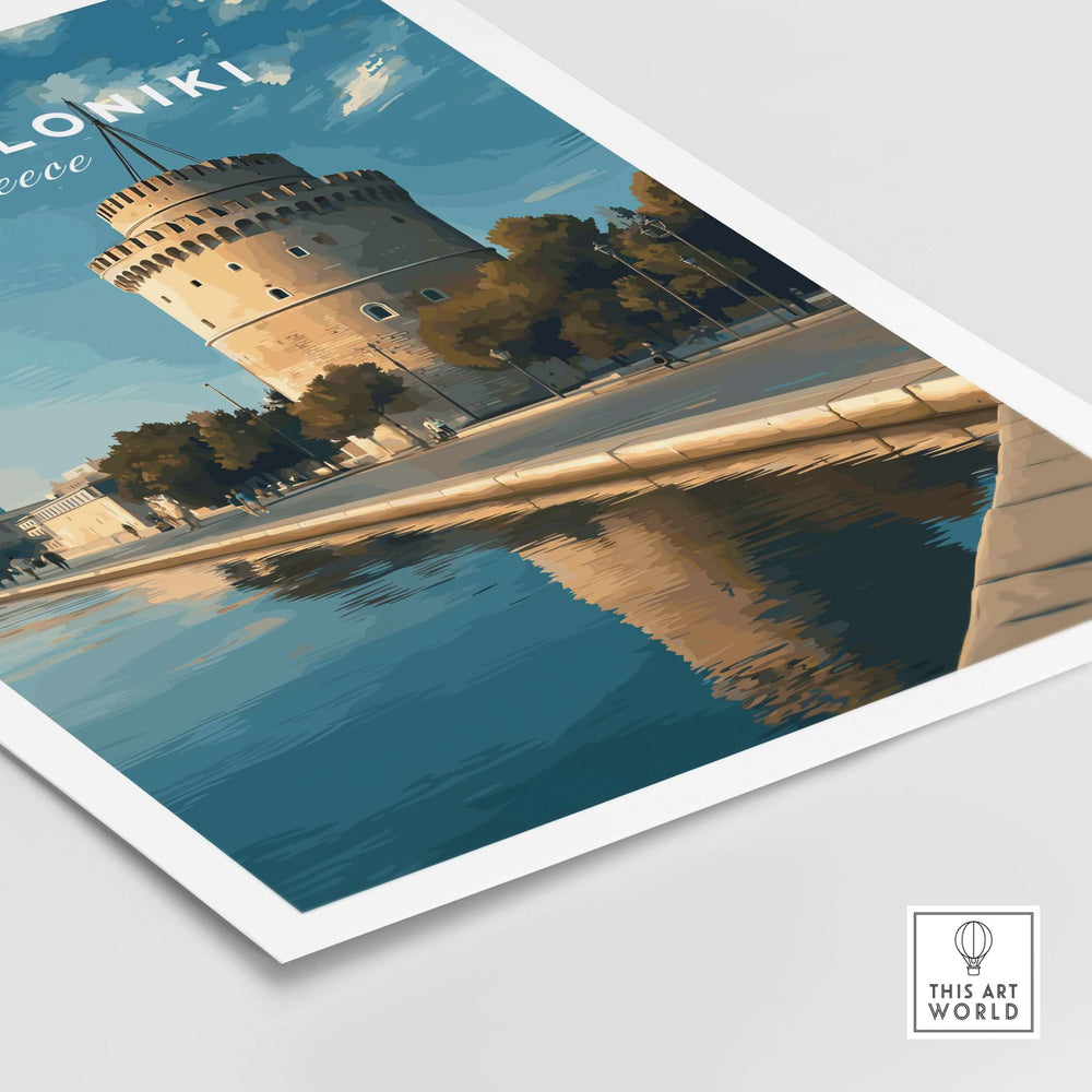 Thessaloniki Print | Greek City Home Decor - White Tower showcasing the landmark by the water in vibrant colors.