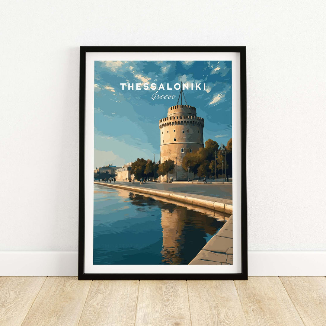 Thessaloniki Print | Greek City Home Decor - White Tower artwork featuring the iconic landmark by the water.