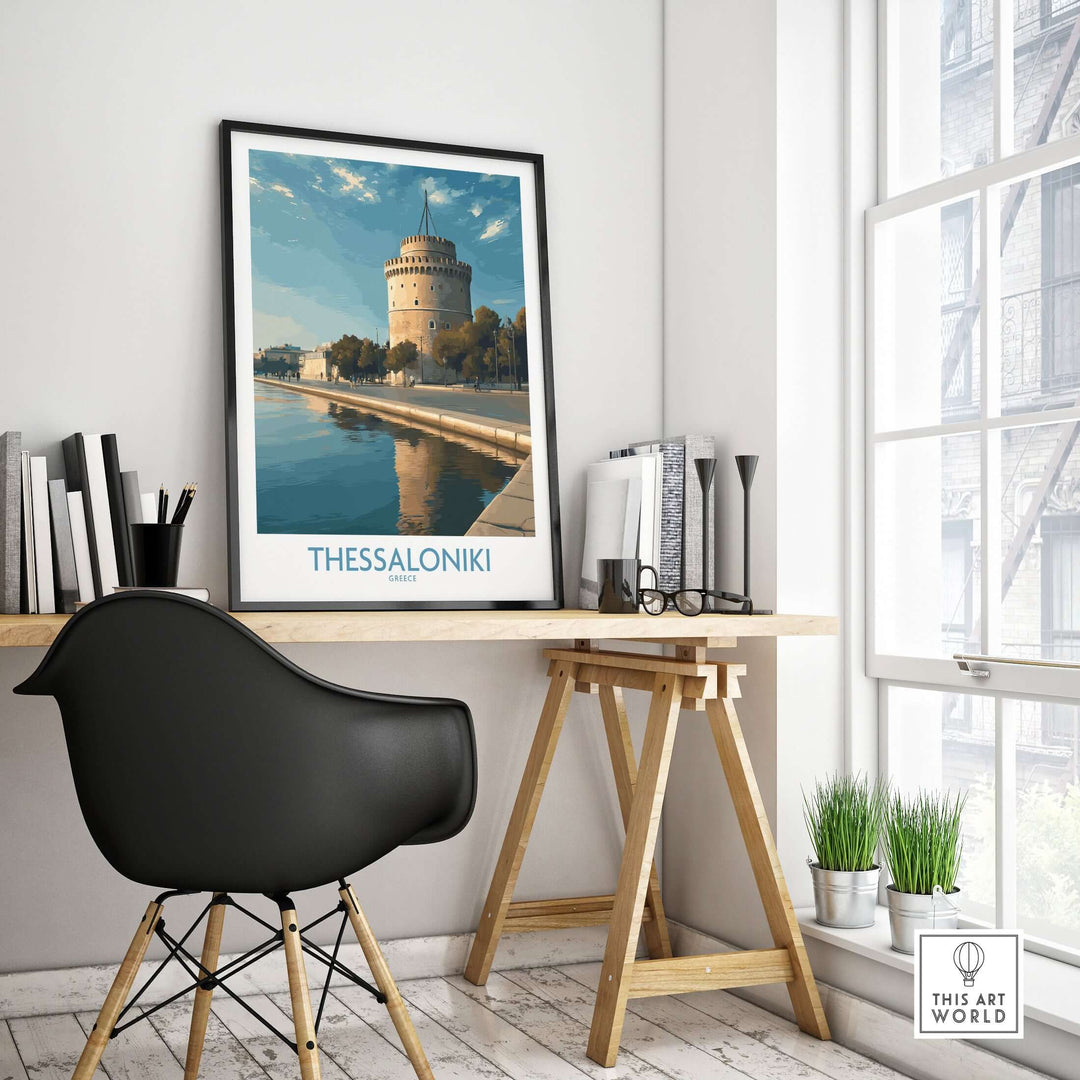 Thessaloniki Greece Print - White Tower of Thessaloniki displayed in a modern workspace.