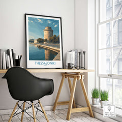 Thessaloniki Greece Print - White Tower of Thessaloniki displayed in a modern workspace.