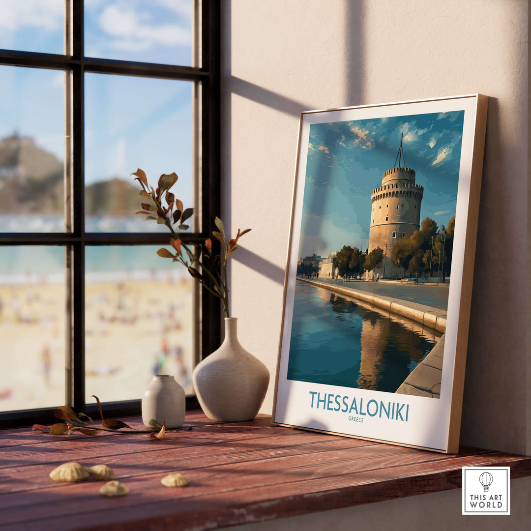 Thessaloniki Greece Print - White Tower of Thessaloniki displayed on a wooden table near a window with beach view.