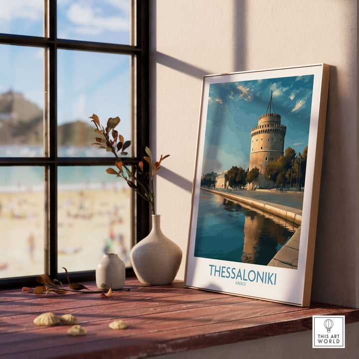 Thessaloniki Greece Print - White Tower of Thessaloniki displayed on a wooden table near a window with beach view.