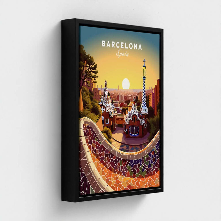 Framed Barcelona Spain travel poster wall art with Park Güell mosaic and sunset view