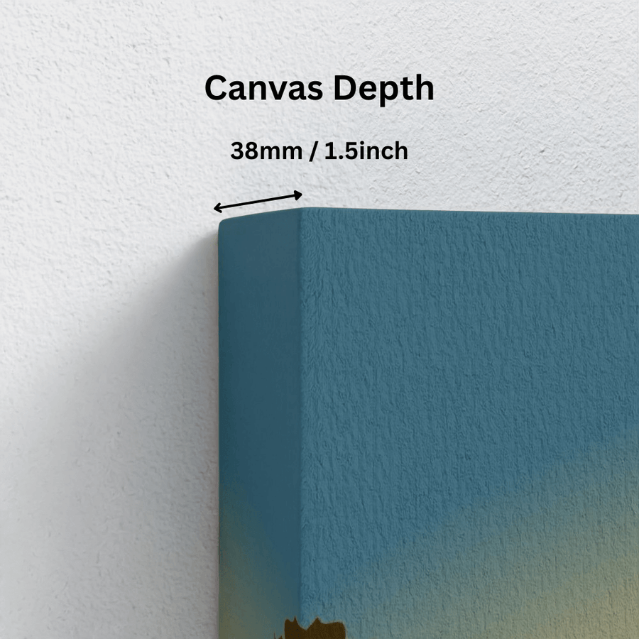 Stretched canvas wall art showing 38mm or 1.5 inch depth against white wall
