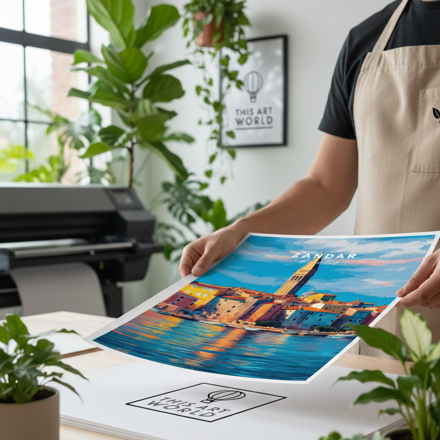 Person holding vibrant travel poster print of coastal cityscape, surrounded by plants.