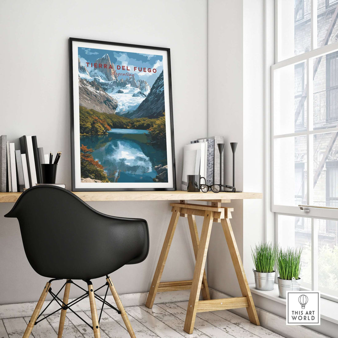 Tierra del Fuego Austral Andes Valley View Print | Patagonia Poster displayed in modern office decor with black chair.