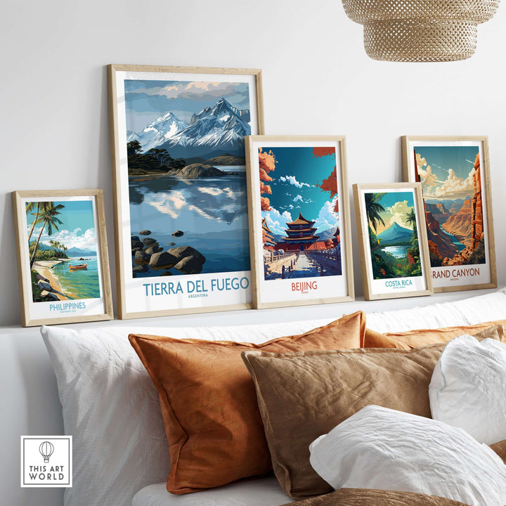 Tierra del Fuego Argentina Art Print | Glacial Lake Poster displayed among travel art prints on a cozy sofa.