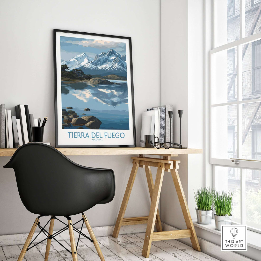 Tierra del Fuego Argentina Art Print | Glacial Lake Poster displayed in a modern office setting with stylish decor.