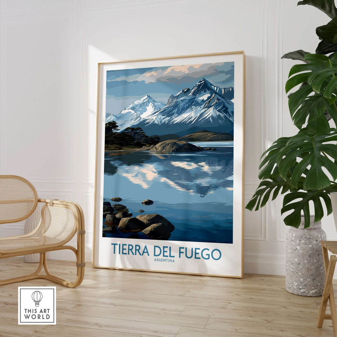 Tierra del Fuego Argentina Art Print | Glacial Lake Poster featuring majestic mountains and serene water reflection.