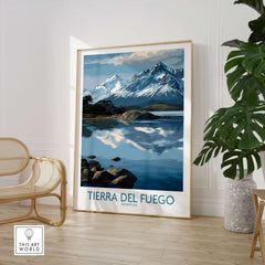 Tierra del Fuego Argentina Art Print | Glacial Lake Poster featuring majestic mountains and serene water reflection.