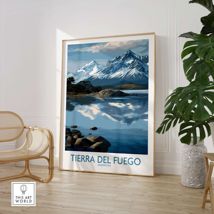 Tierra del Fuego Argentina Art Print | Glacial Lake Poster featuring majestic mountains and serene water reflection.