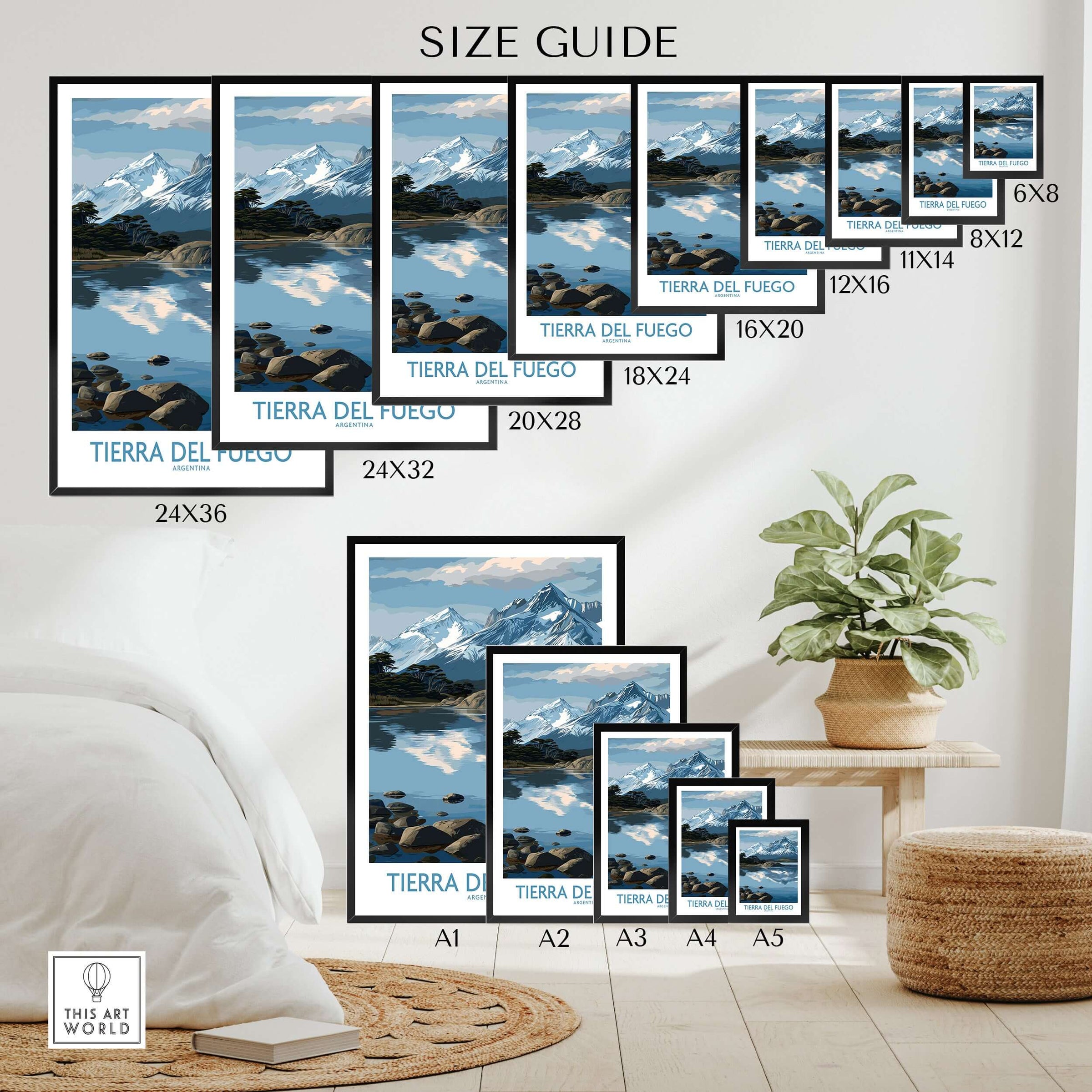 Tierra del Fuego Argentina Art Print | Glacial Lake Poster size guide showcasing various frame sizes and artwork options.