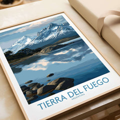 Tierra del Fuego Argentina Art Print | Glacial Lake Poster featuring majestic mountains and a serene lake.