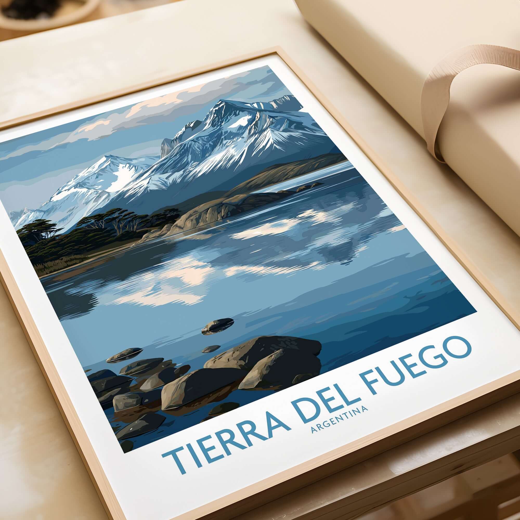 Tierra del Fuego Argentina Art Print | Glacial Lake Poster featuring majestic mountains and a serene lake.