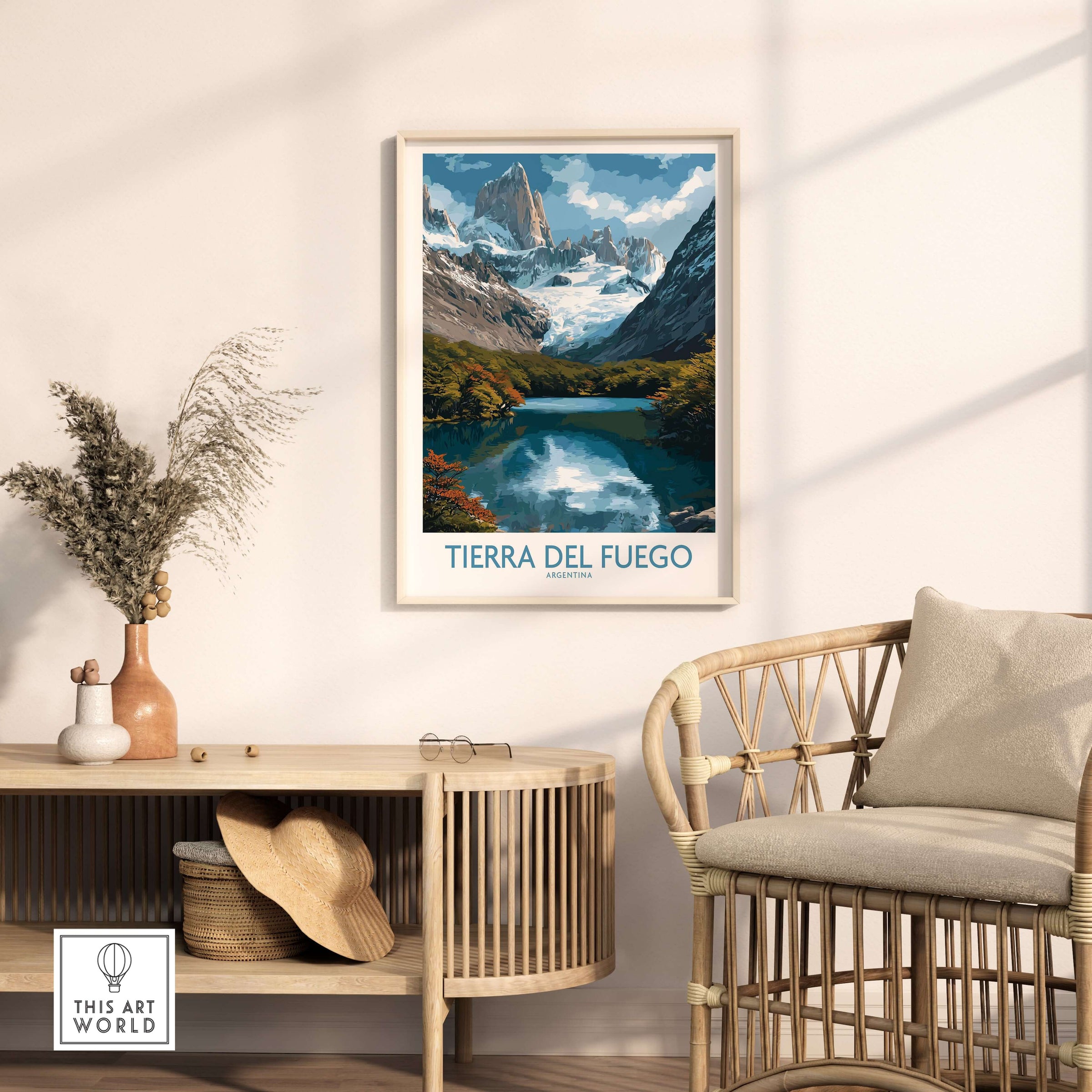 Tierra del Fuego Argentina Fitz Roy Glacier Art Print | Mountain Lake Poster in a modern living room setting.