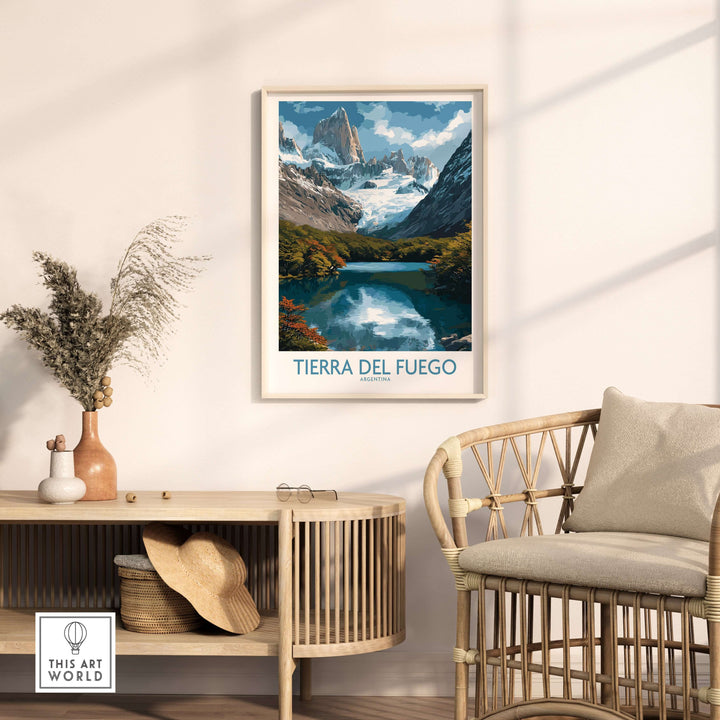 Tierra del Fuego Argentina Fitz Roy Glacier Art Print | Mountain Lake Poster displayed in a stylish living room.