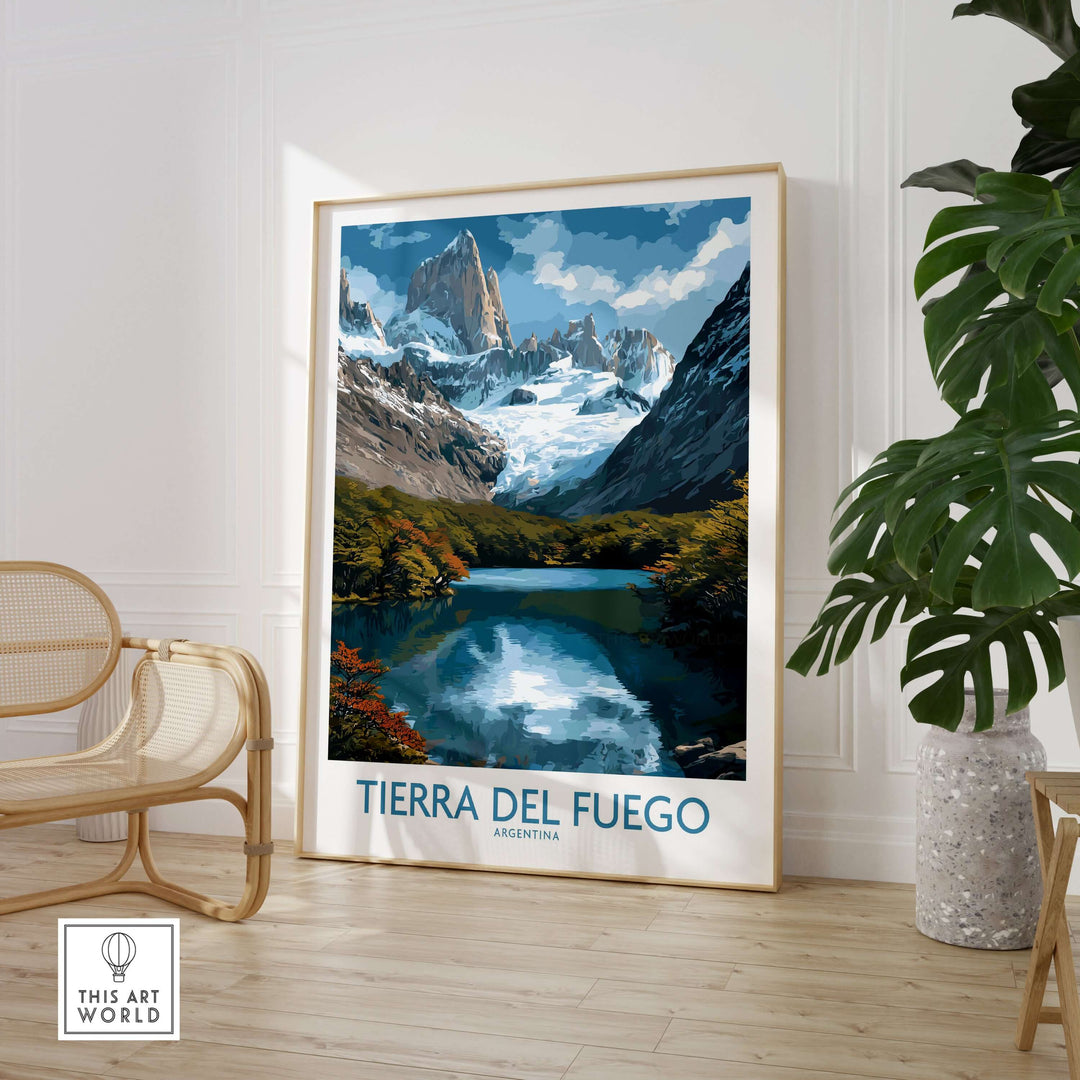 Tierra del Fuego Argentina Fitz Roy Glacier Art Print | Mountain Lake Poster displayed in a modern interior setting.