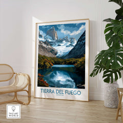 Tierra del Fuego Argentina Fitz Roy Glacier Art Print | Mountain Lake Poster framed in a stylish interior setting.