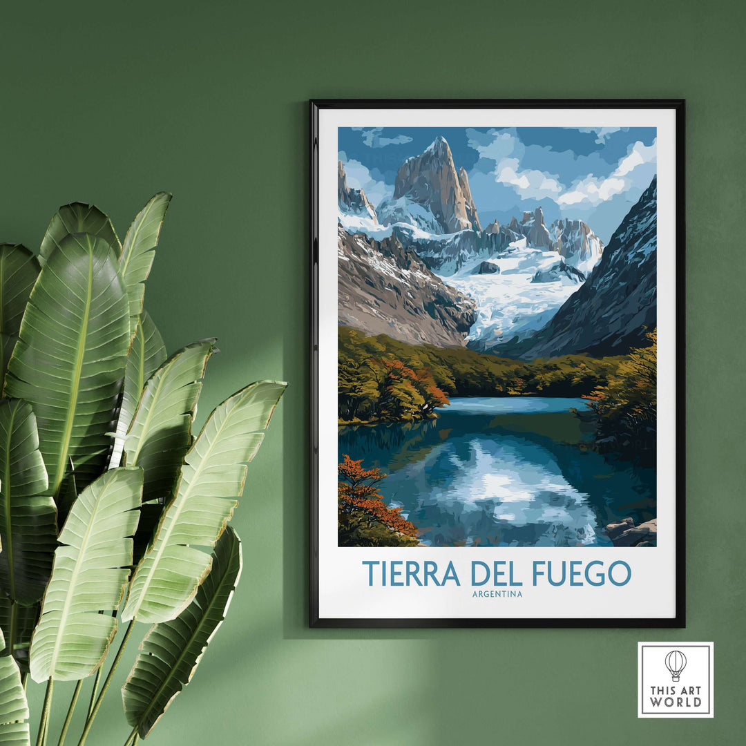Tierra del Fuego Argentina Fitz Roy Glacier Art Print | Mountain Lake Poster showcasing a vibrant landscape of mountains and lake.