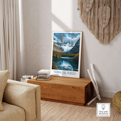 Tierra del Fuego Argentina Fitz Roy Glacier Art Print | Mountain Lake Poster displayed in a stylish living room.