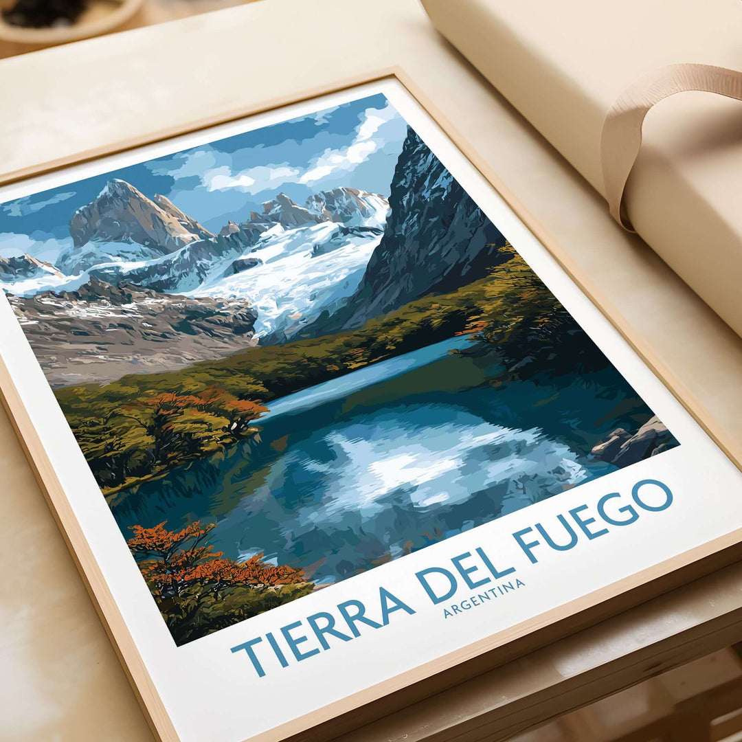 Tierra del Fuego Argentina Fitz Roy Glacier Art Print | Mountain Lake Poster displayed on a table.