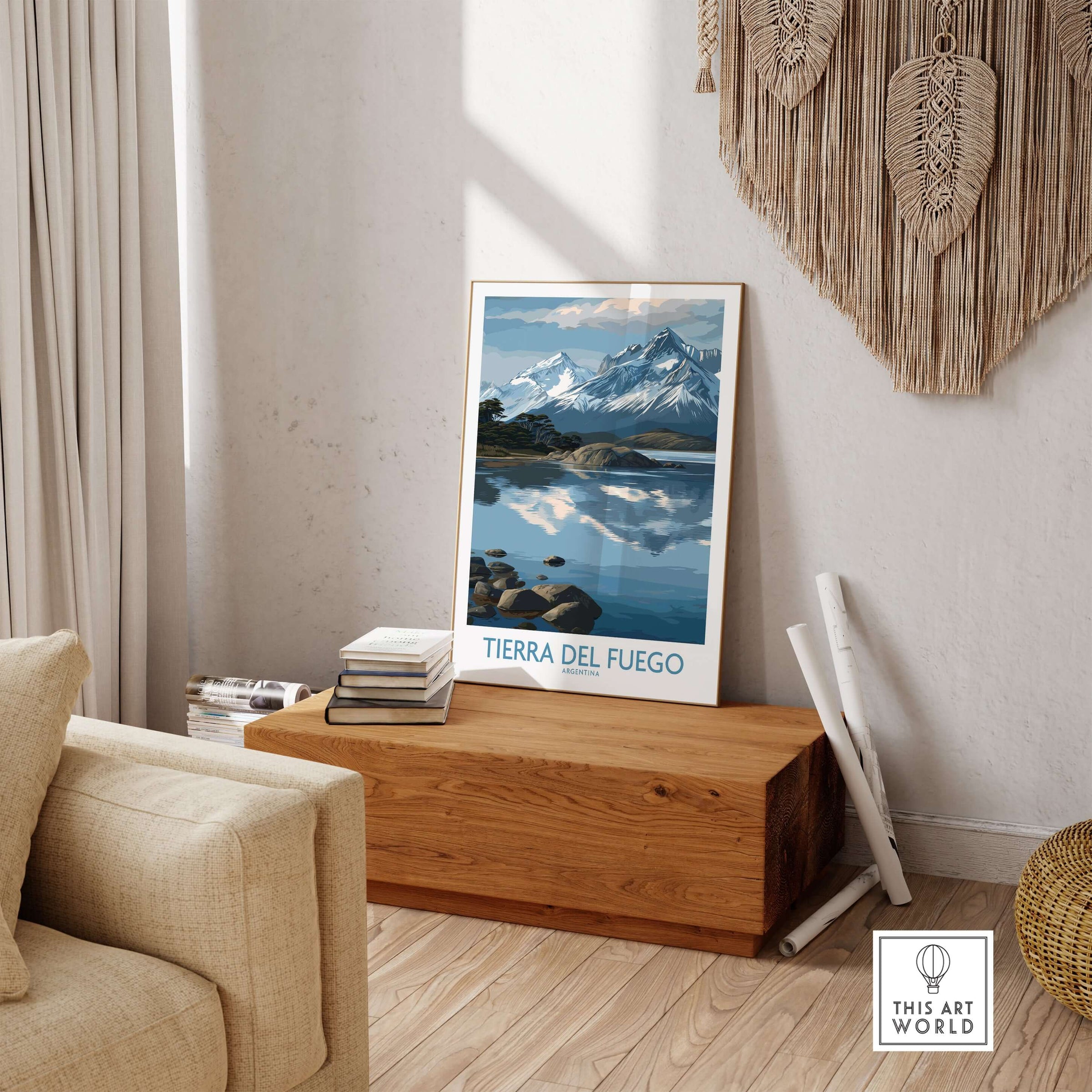 Tierra del Fuego Argentina Art Print | Glacial Lake Poster displayed in a cozy room with wooden decor.
