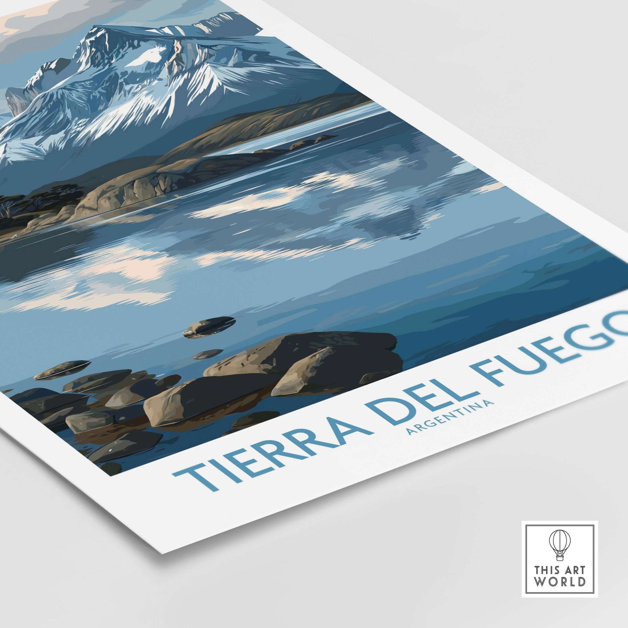 Tierra del Fuego Argentina Art Print | Glacial Lake Poster showcasing a serene glacial lake and mountains.