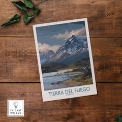 Tierra del Fuego Argentina Patagonian Wildlife Art Print | Snow-Capped Mountain Poster on wooden background