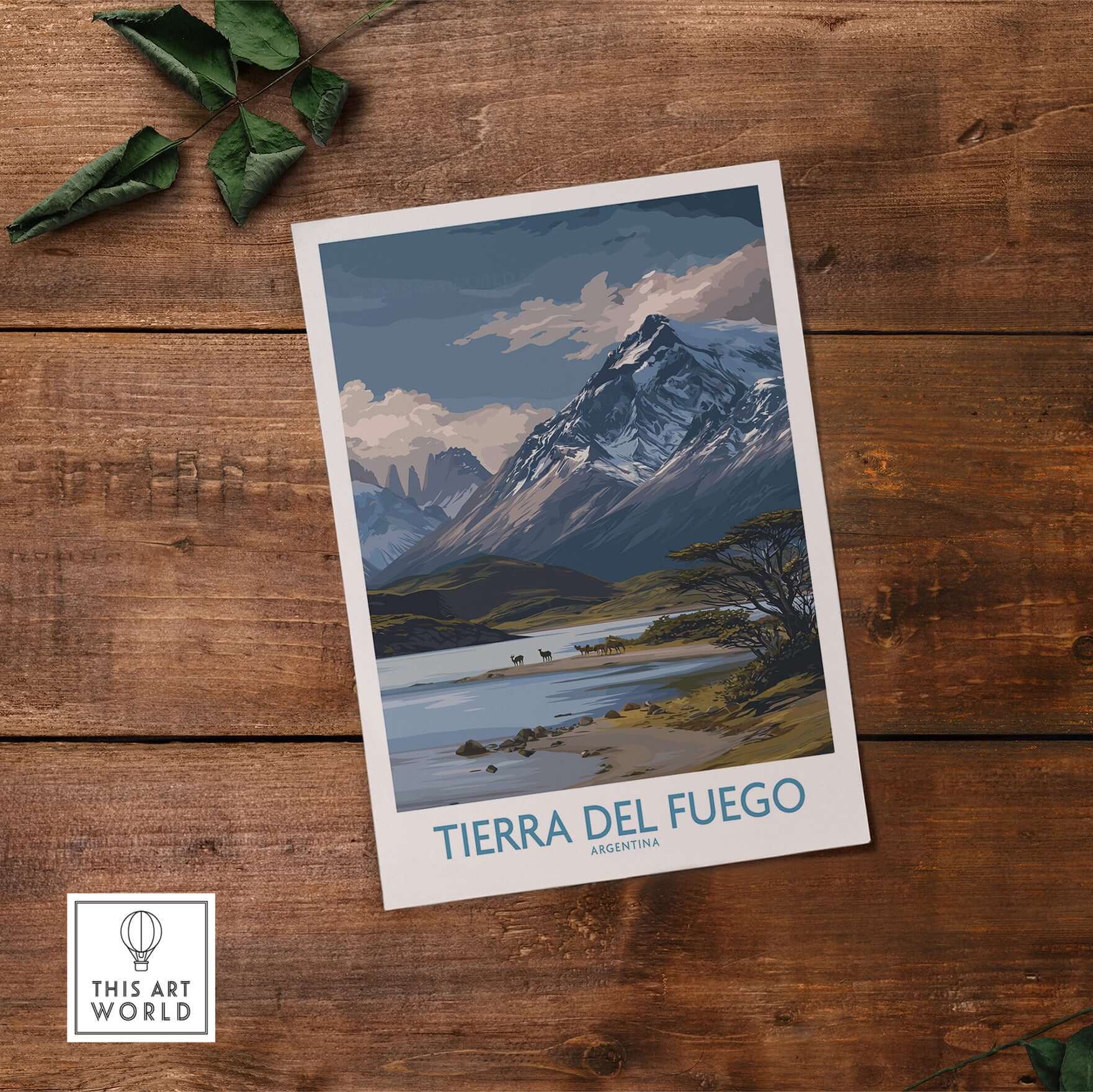 Tierra del Fuego Argentina Patagonian Wildlife Art Print | Snow-Capped Mountain Poster on wooden background
