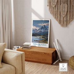 Tierra del Fuego Argentina Patagonian Wildlife Art Print | Snow-Capped Mountain Poster displayed in a cozy living room.