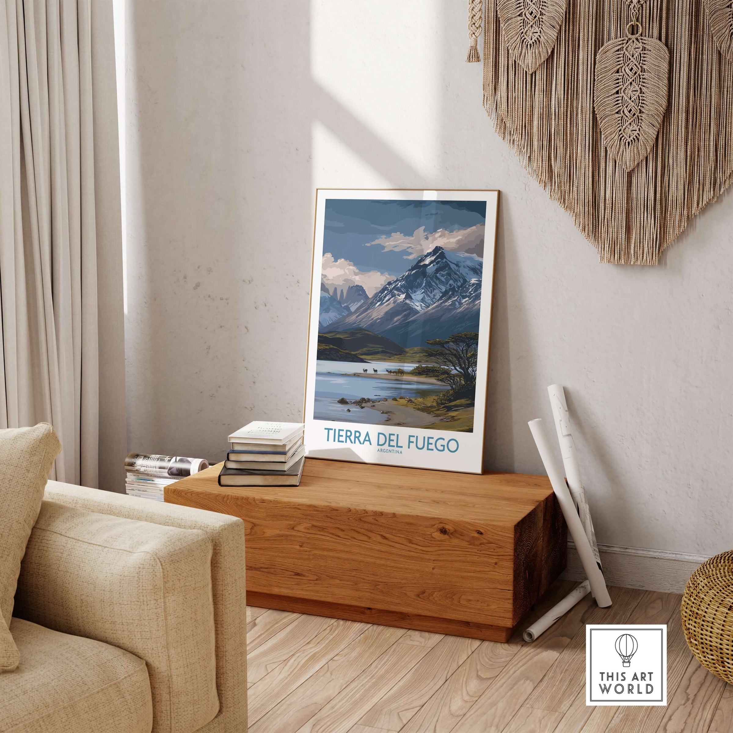 Tierra del Fuego Argentina Patagonian Wildlife Art Print | Snow-Capped Mountain Poster displayed in a cozy living room.