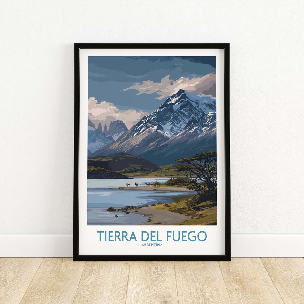 Tierra del Fuego Argentina Patagonian Wildlife Art Print | Snow-Capped Mountain Poster featuring majestic mountains and serene landscape.
