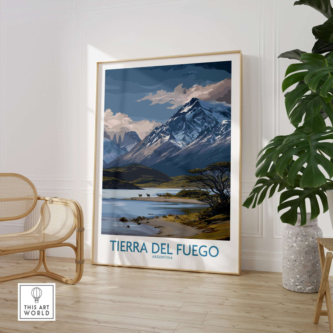 Tierra del Fuego Argentina Patagonian Wildlife Art Print | Snow-Capped Mountain Poster displayed in a modern interior setting.