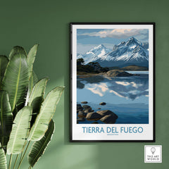 Tierra del Fuego Argentina Art Print | Glacial Lake Poster framed on a green wall with plants.