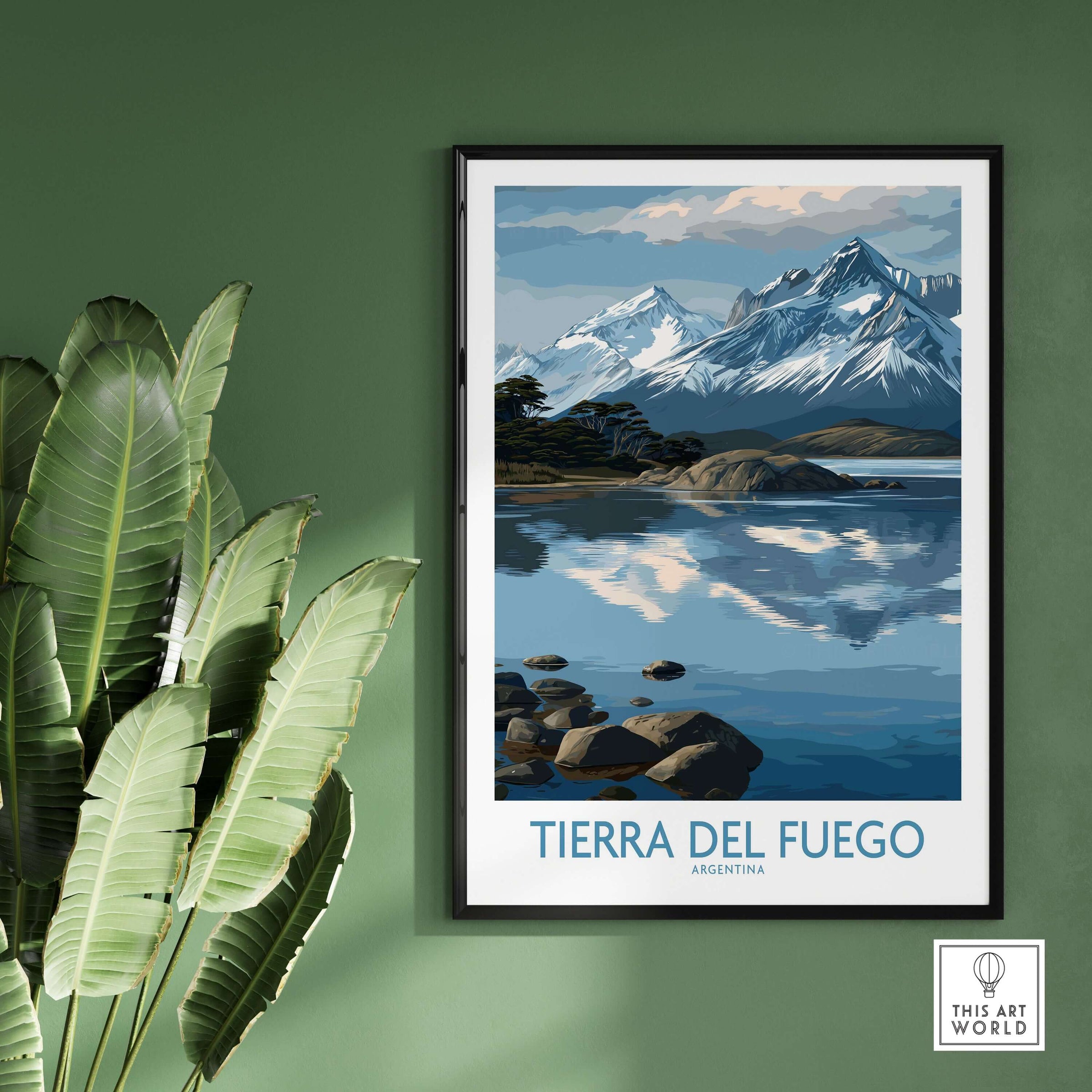 Tierra del Fuego Argentina Art Print | Glacial Lake Poster framed on a green wall with plants.