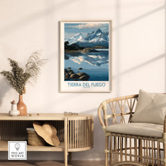 Tierra del Fuego Argentina Art Print | Glacial Lake Poster displayed in a cozy home setting on a wooden table.